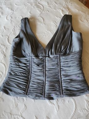 Carmen Marc Valvo Sleeveless Ruched Top in Slate Gray Silk